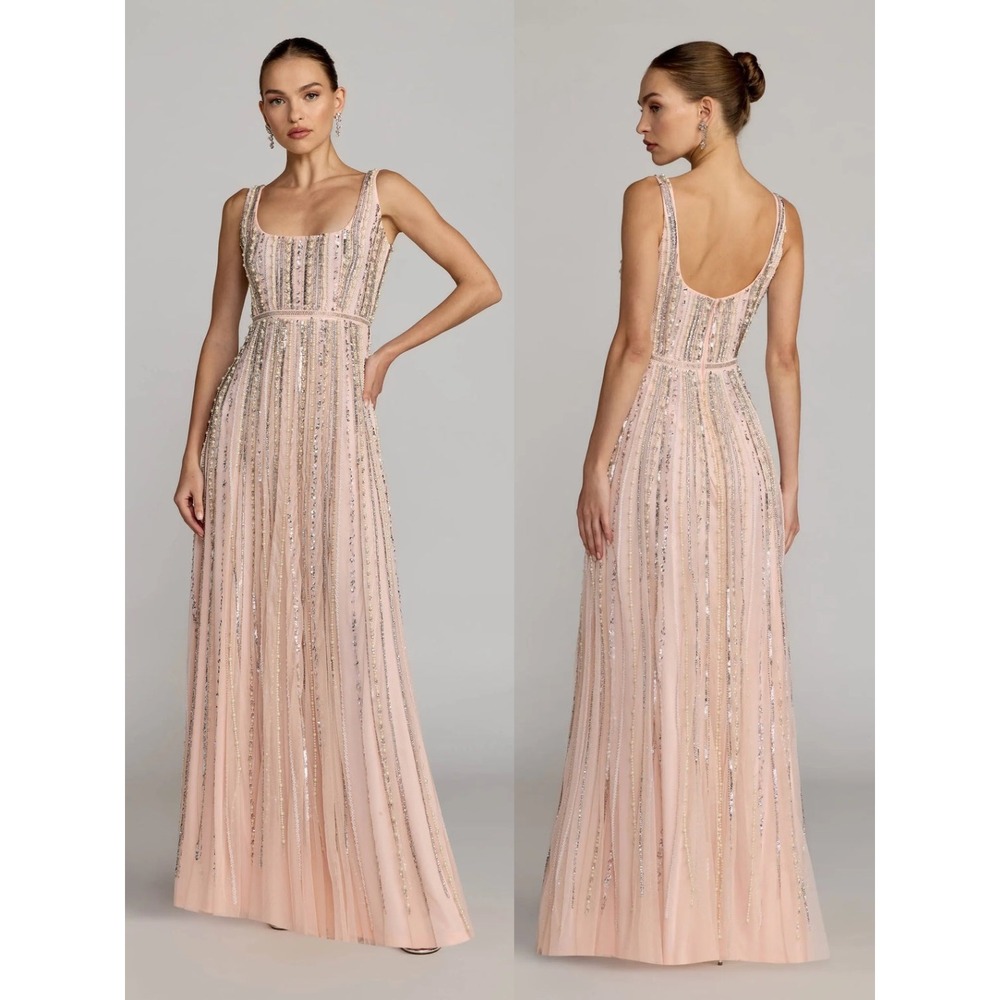 NWT Mac Duggal Pink Scoop Neck A-Line‎ Gown With Striped Beading $698 - Size 12